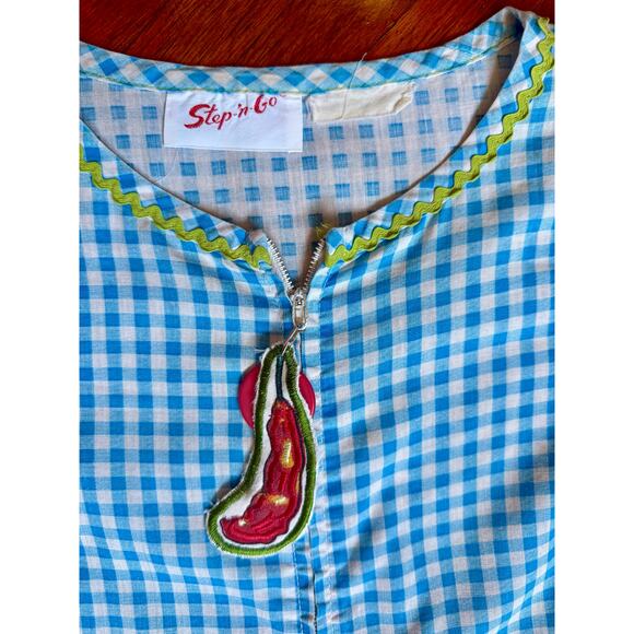 Vintage 70’s Blue White Gingham Chili Pepper House Coat Whimsy Dress Small Med - Picture 5 of 5